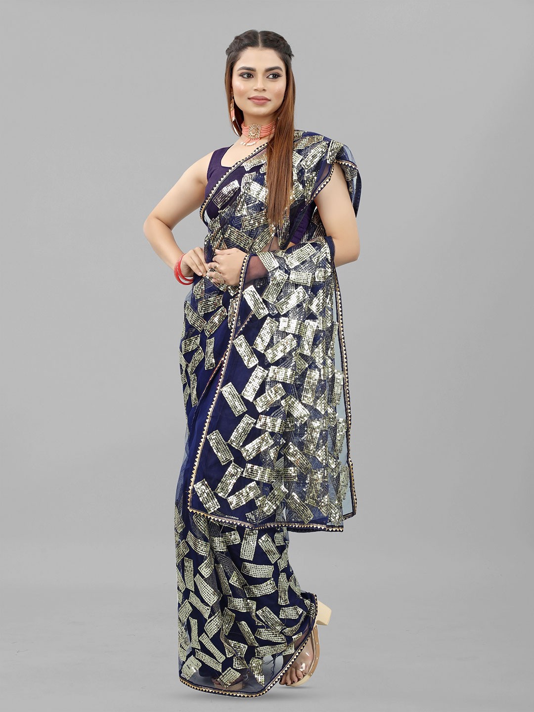 

BARKIYA CREATION Embellished Sequinned Net Saree, Blue