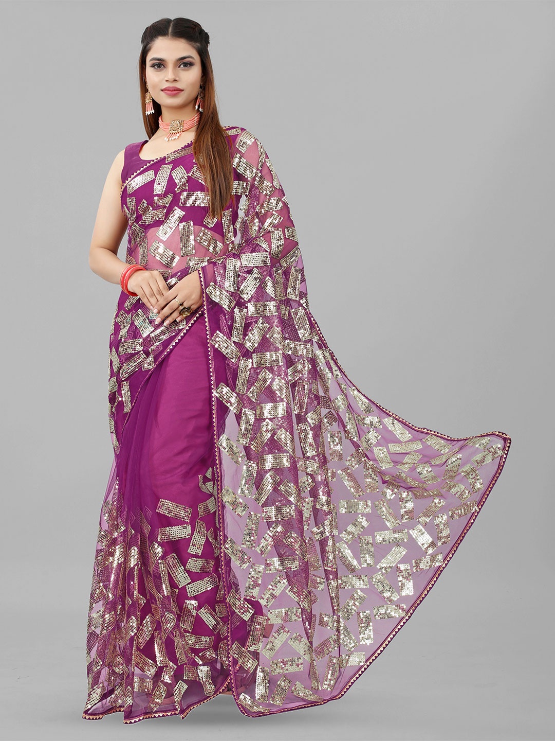 

BARKIYA CREATION Embellished Sequinned Net Saree, Purple