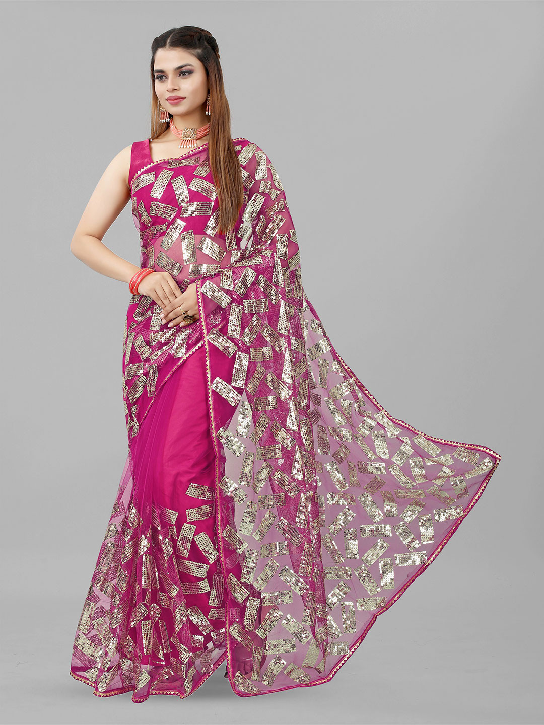 

BARKIYA CREATION Embellished Sequinned Net Saree, Pink