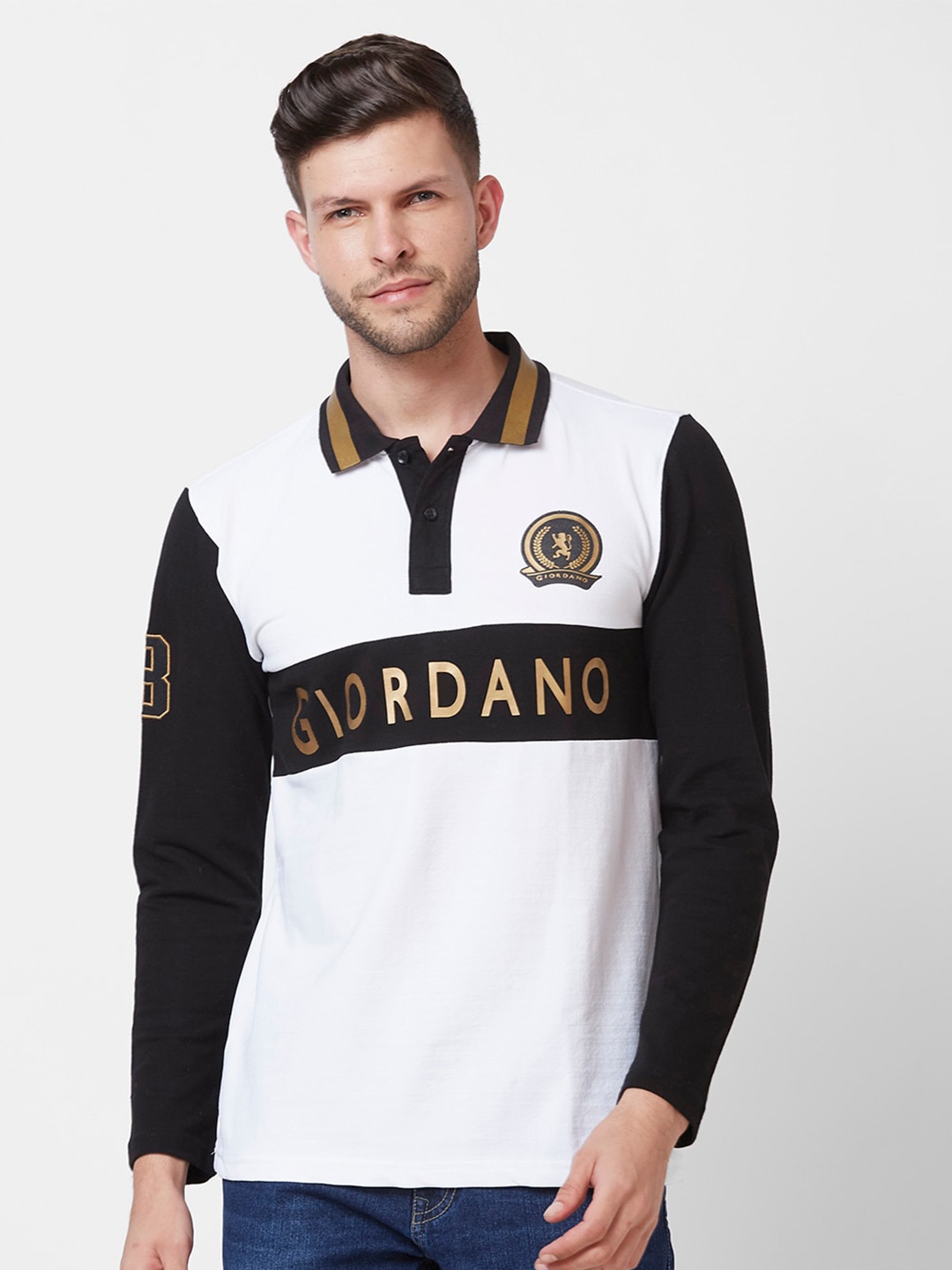 

GIORDANO Colourblocked Polo Collar Pure Cotton Slim Fit T-shirt, White