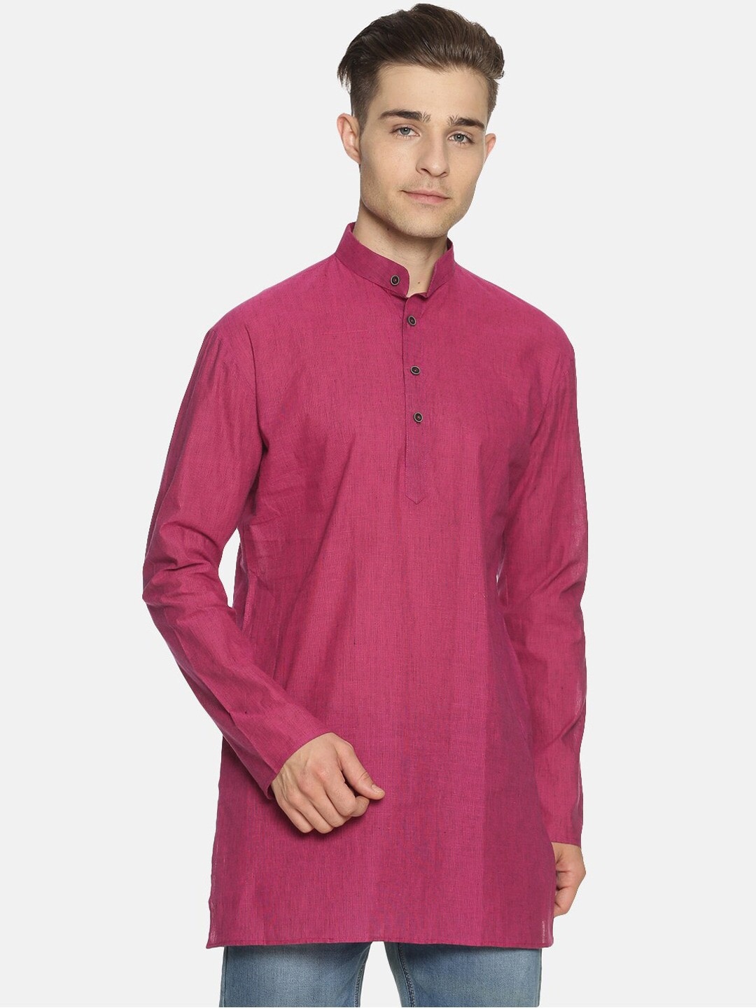 

Jansons Band Collar Cotton Straight Kurta, Rose