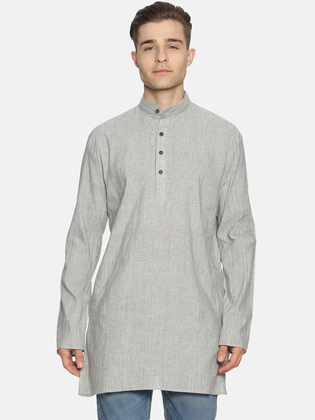 

Jansons Striped Woven Design Mandarin Collar Straight Kurta, Grey