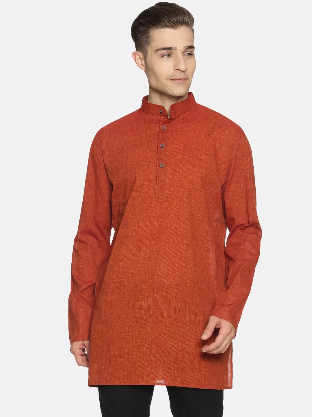 

Jansons Striped Woven Design Mandarin Collar Straight Kurta, Rust