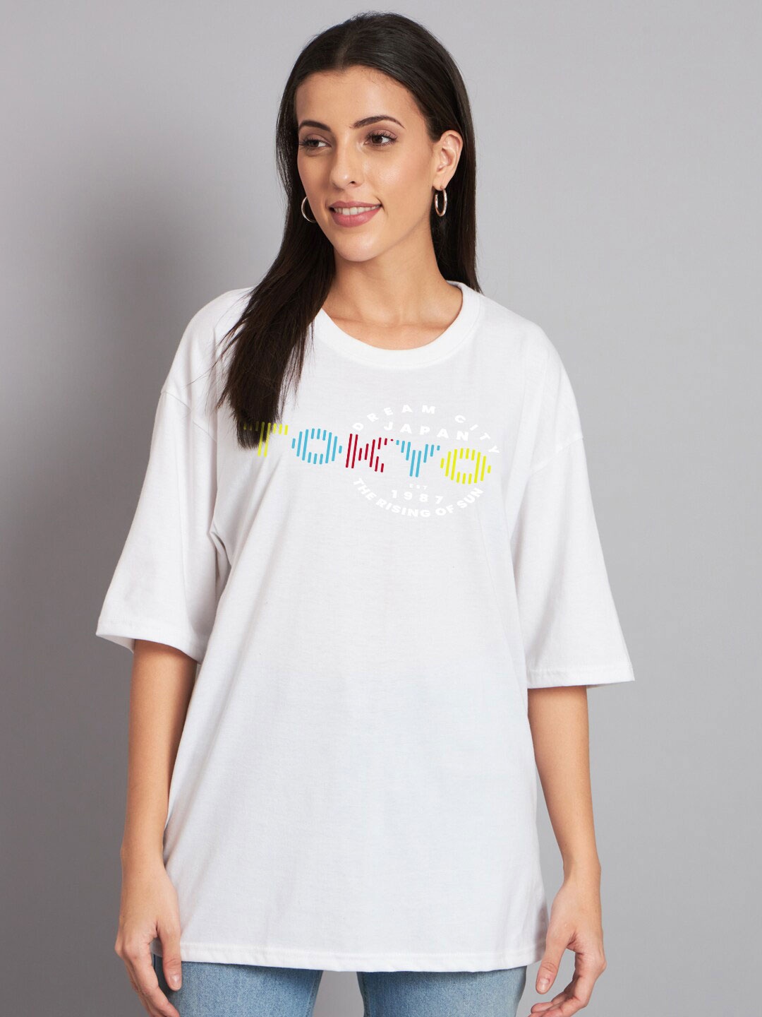 

Imsa Moda Typography Printed Drop-Shoulder Sleeves Cotton Oversized T-shirt, White