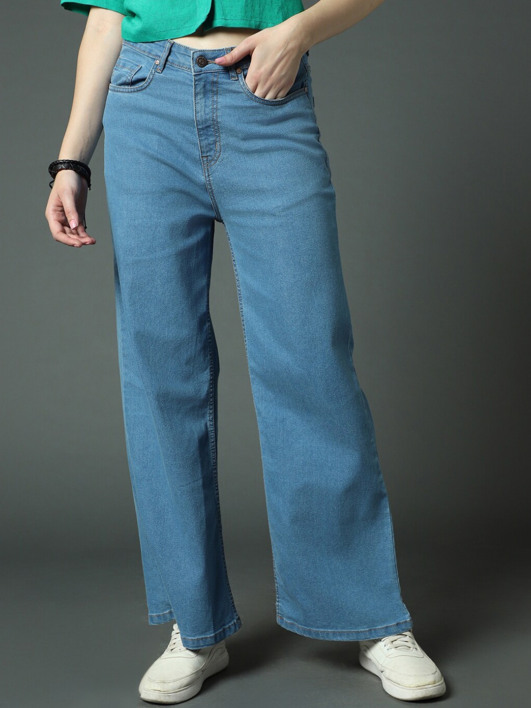 

High Star Women Clean look Wide Leg High-Rise Stretchable Jeans, Blue