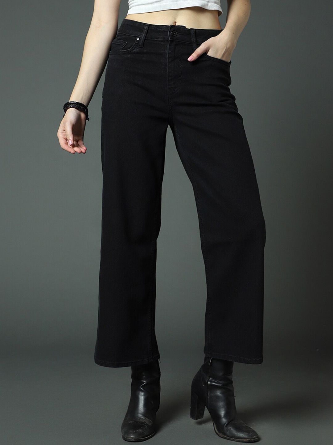 

High Star Women Clean Look Wide Leg High-Rise Stretchable Jeans, Black