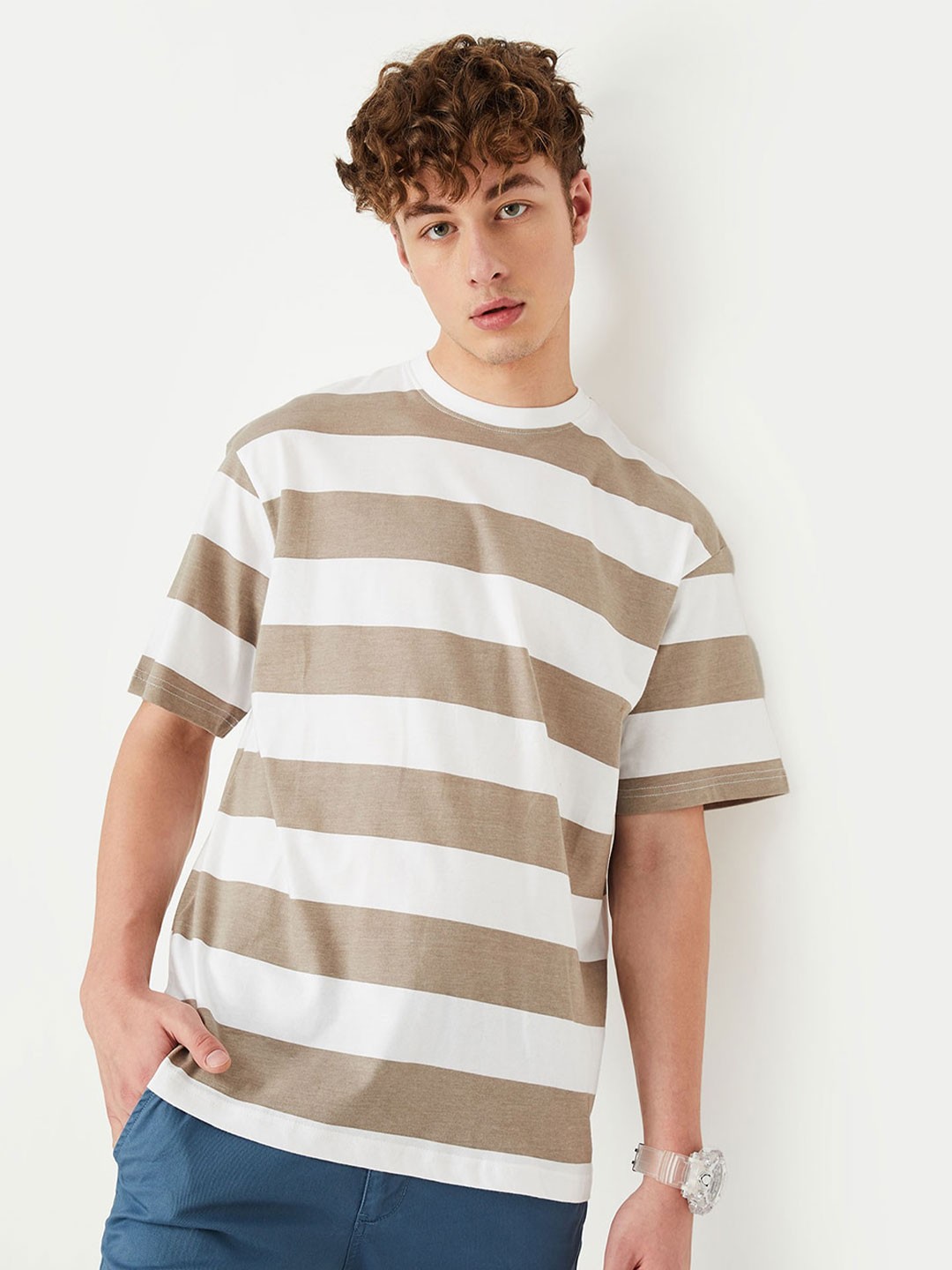 

max URB_N Men Relaxed Fit Striped T-Shirt, Beige