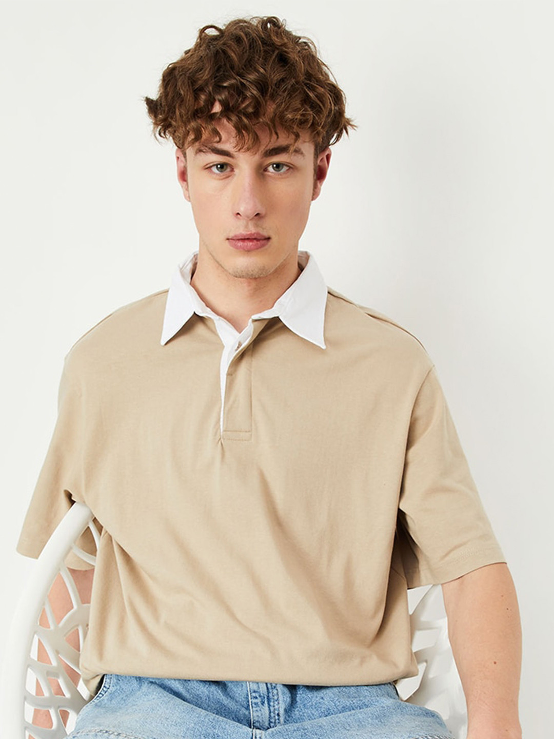 

max Polo Collar Drop-Shoulder Sleeves Oversized Pure Cotton Casual T-shirt, Beige