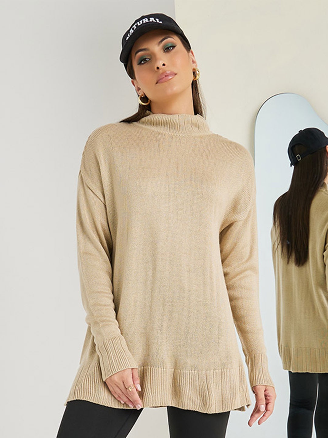 

Styli Oversized High Neck Solid Longline Sweater, Beige
