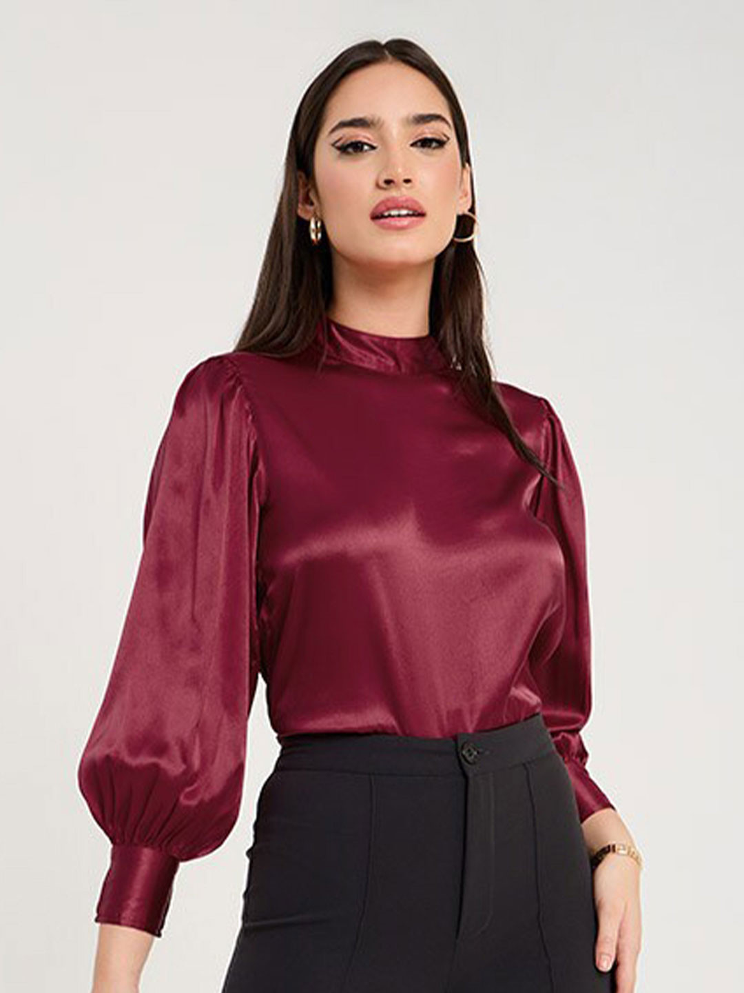 

Styli High Neck Cuffed Sleeves Top, Burgundy