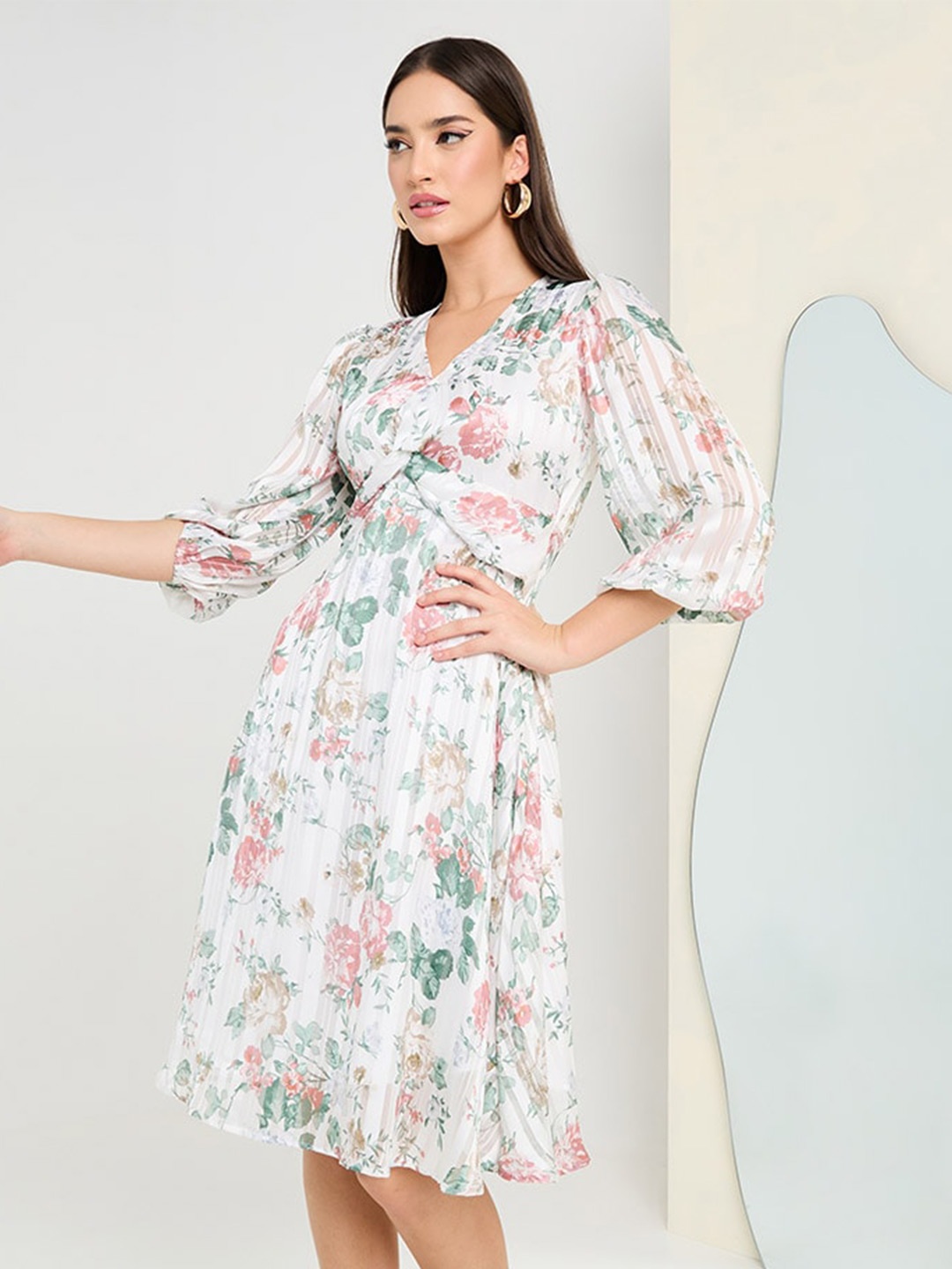 

Styli Floral Printed A-Line Dress, White