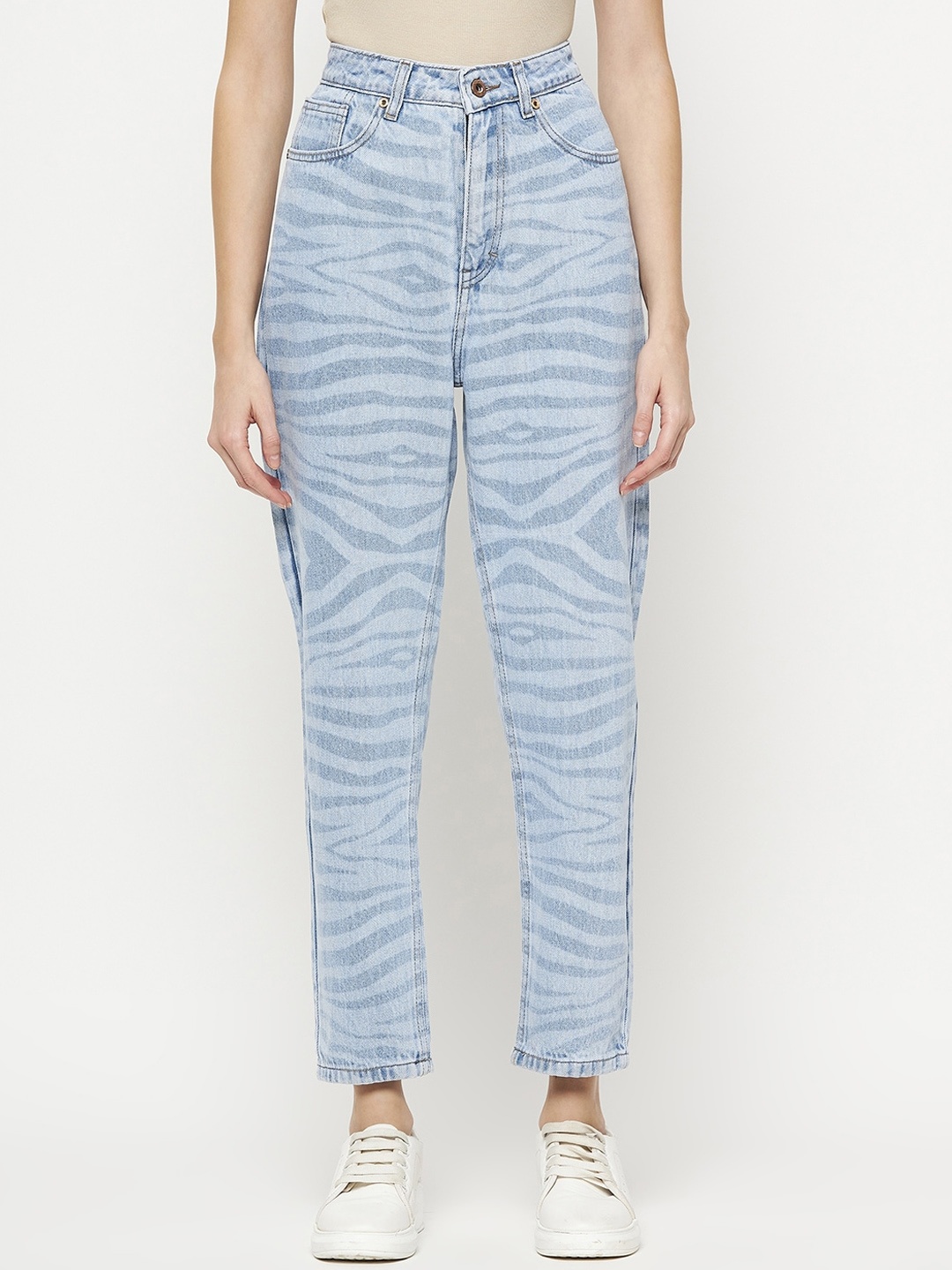 

CAMLA Women Mom Fit Clean Look Cropped Cotton Jeans, Blue