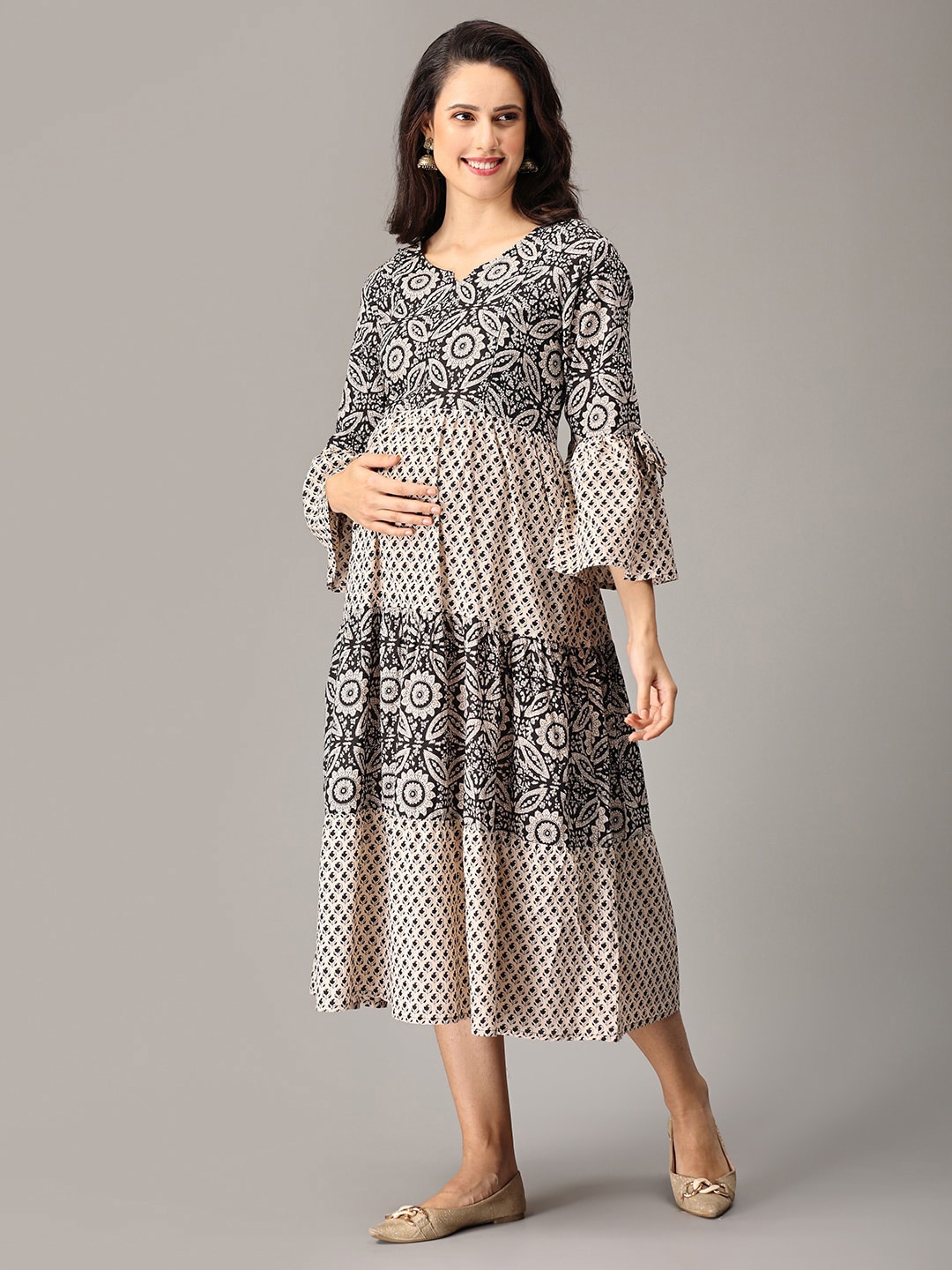

The Mom Store Ethnic Motifs Printed Bell Sleeve Maternity Cotton A-Line Midi Dress, Navy blue