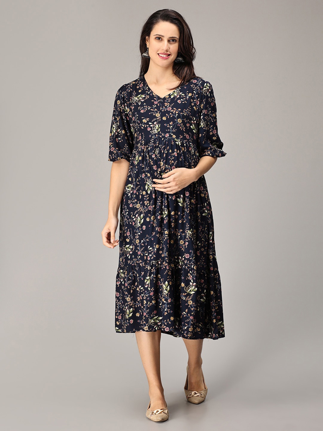 

The Mom Store Floral Print Puff Sleeve Cotton Maternity A-Line Midi Dress, Navy blue