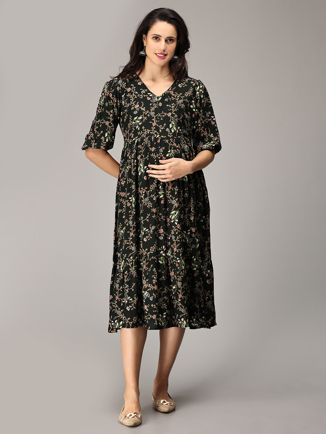 

The Mom Store Floral Print Puff Sleeve Cotton Maternity A-Line Midi Dress, Black