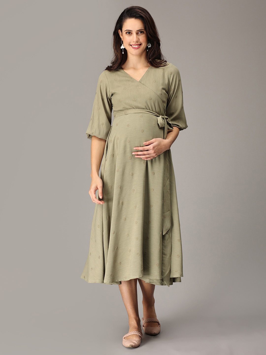 

The Mom Store Self Design Georgette Maternity Wrap Midi Dress, Olive