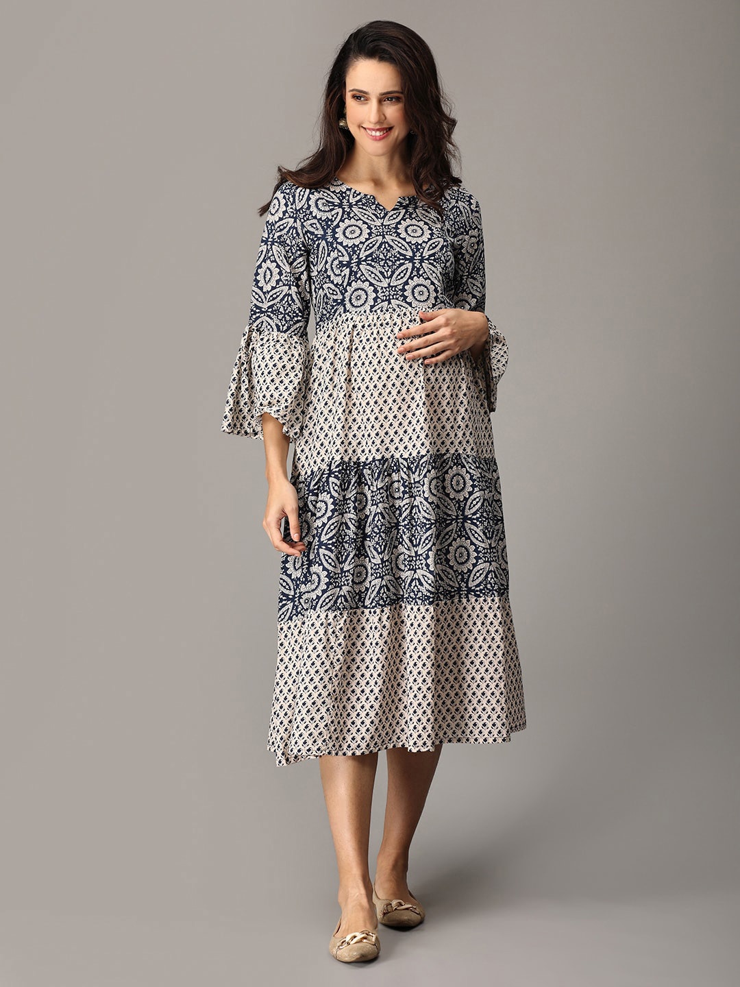 

The Mom Store Ethnic Motifs Printed Bell Sleeve Maternity Cotton A-Line Midi Dress, Navy blue