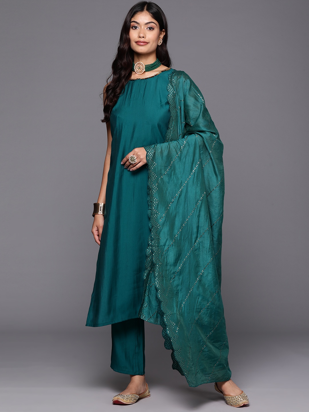 

Libas Women Solid Regular Sequinned Kurta with Trousers With Dupatta, Teal