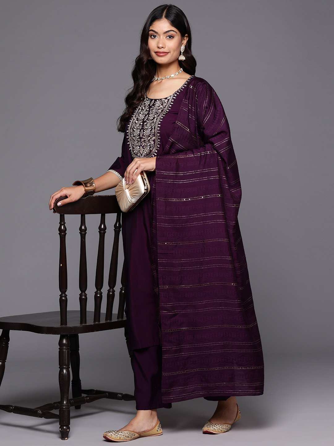 

Libas Women Floral Yoke Design Regular Sequinned Kurta with Trousers With Dupatta, Purple