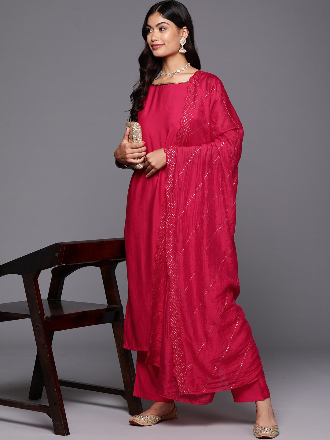 

Libas Women Solid Regular Sequinned Kurta with Trousers With Dupatta, Pink