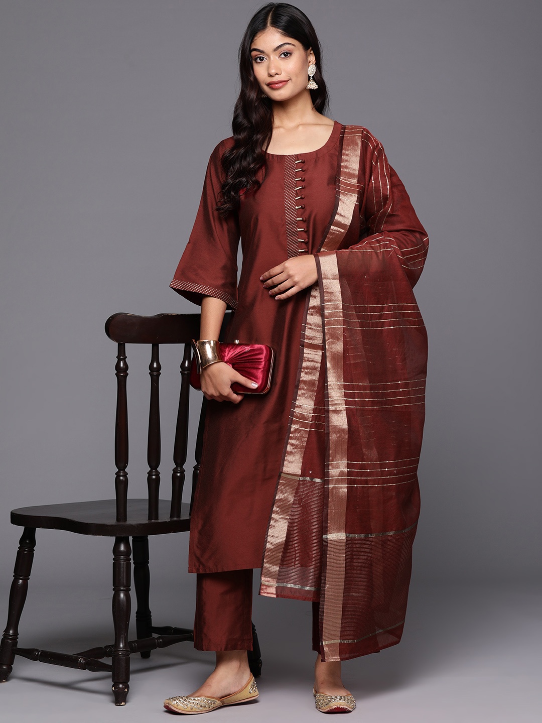 

Libas Women Solid Regular Kurta with Trousers With Dupatta, Maroon