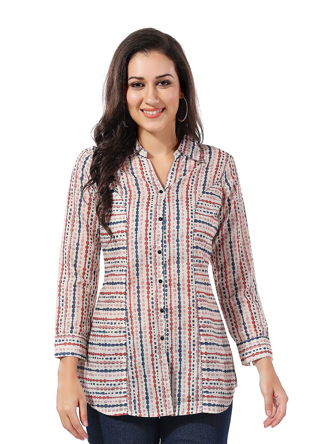 

keshubaba Abstract Printed Spread Collar Cotton Tunic, Cream