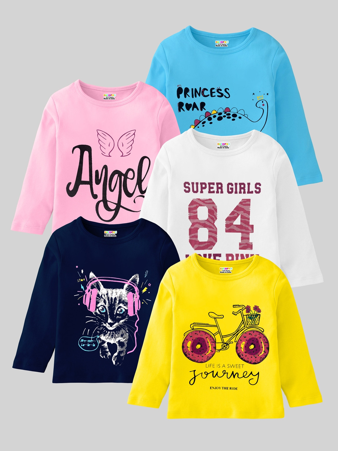 

KUCHIPOO Girls Pack Of 5 Typography Printed T-shirt, Pink
