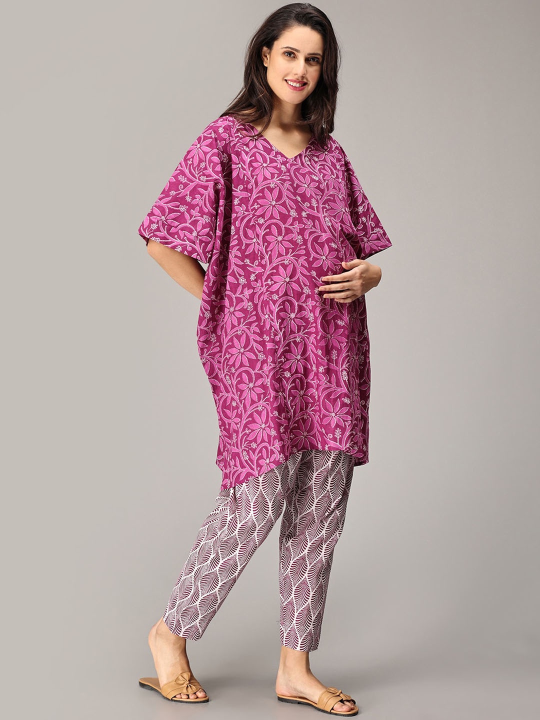 

The Mom Store Floral Printed V-Neck Flared Sleeve Maternity Pure Cotton Night Suit, Purple