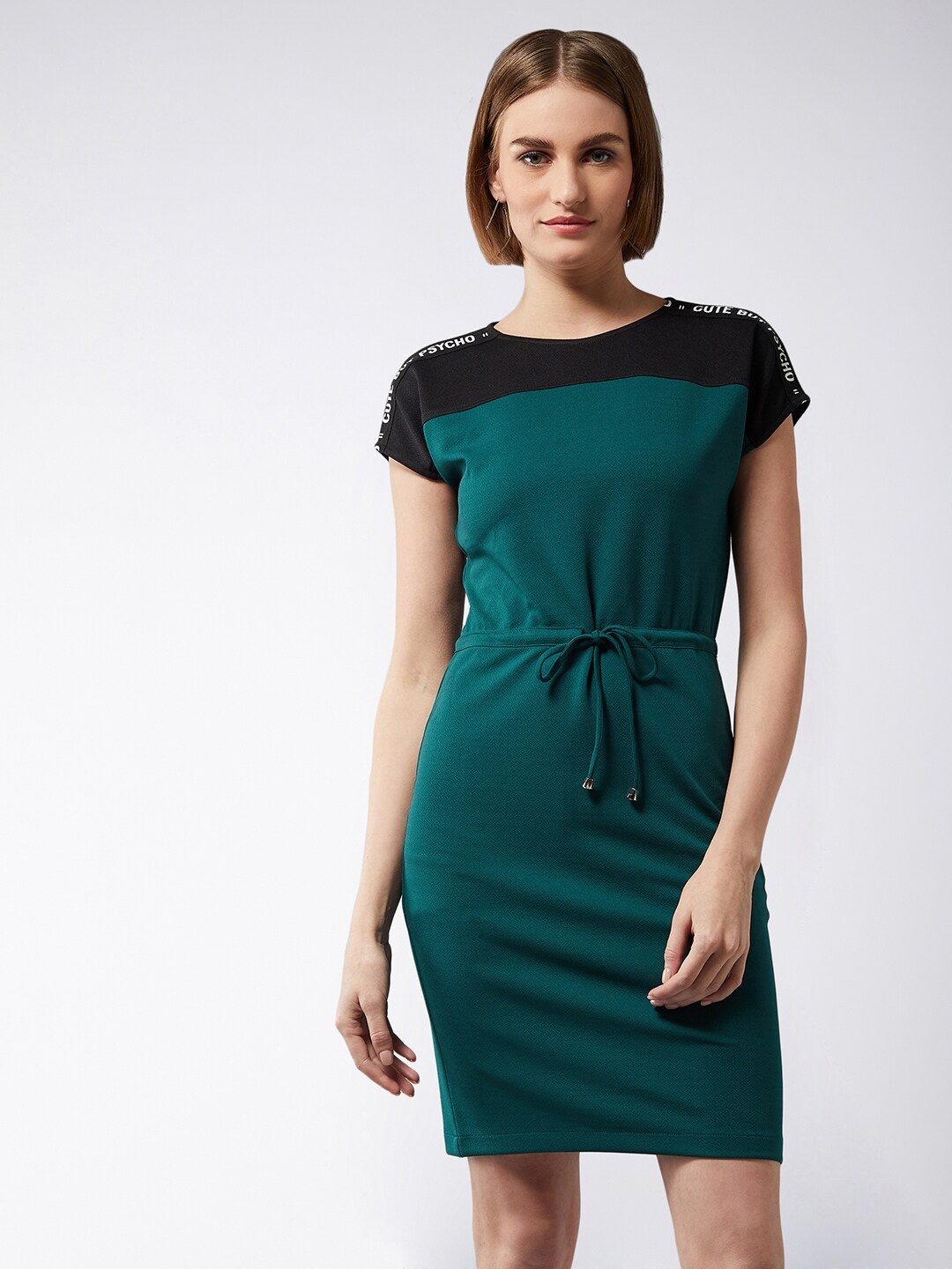 

DressBerry Teal Green & Black Colourblocked Tie-Ups Bodycon Dress