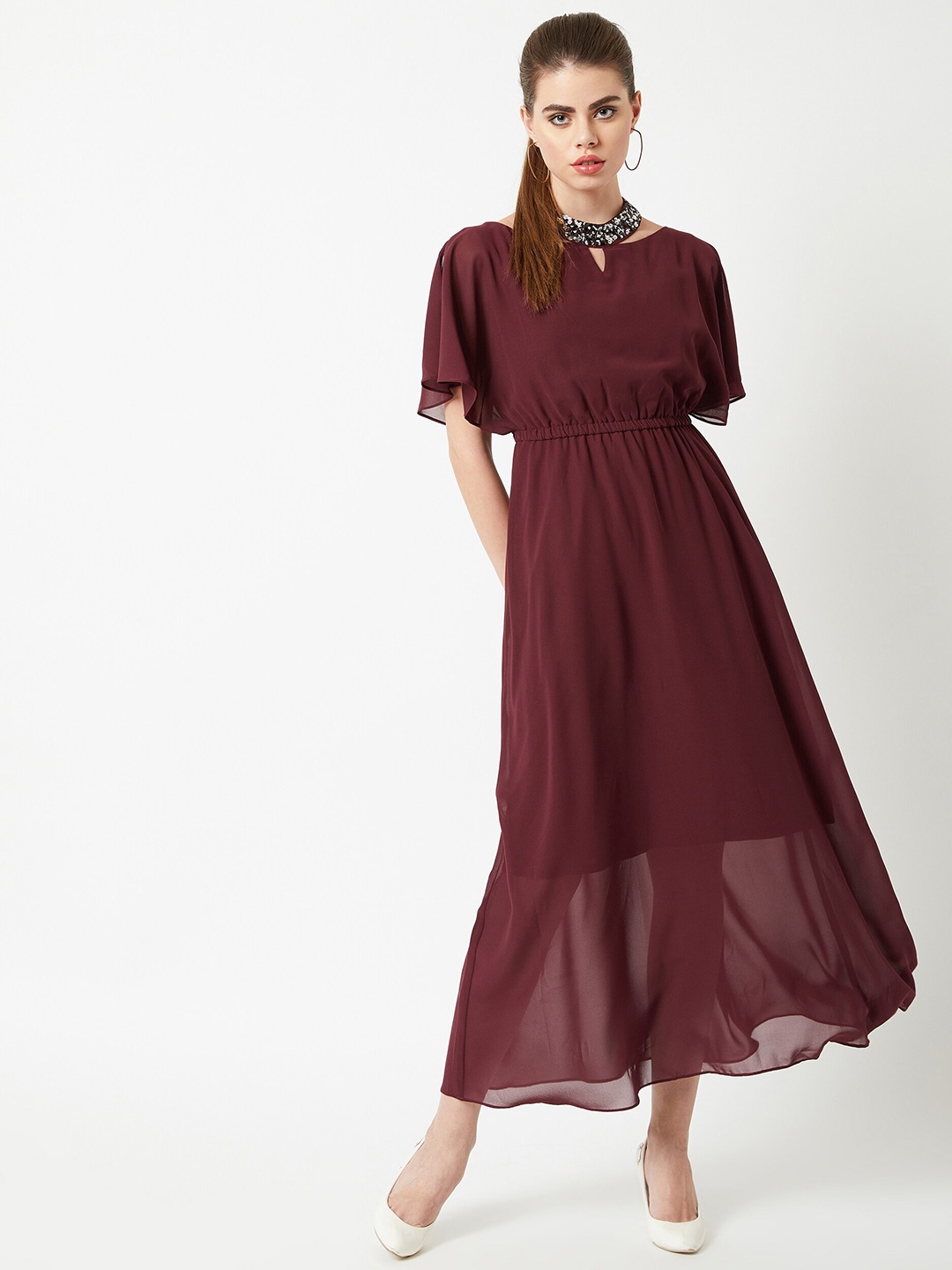 

DressBerry Maroon Keyhole Neck Cape Sleeves Maxi Dress