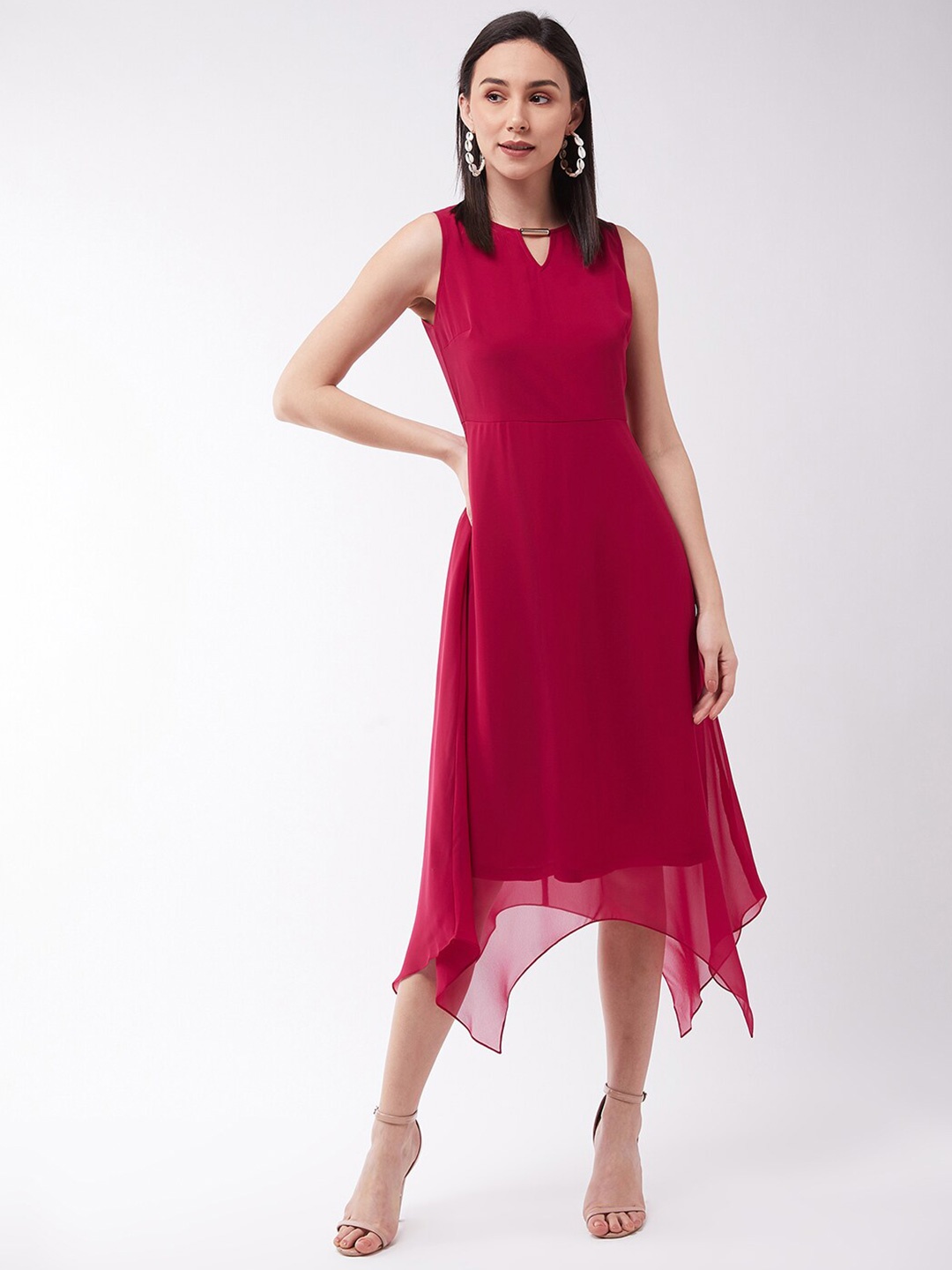 

DressBerry Pink Keyhole Neck A-Line Midi Dress