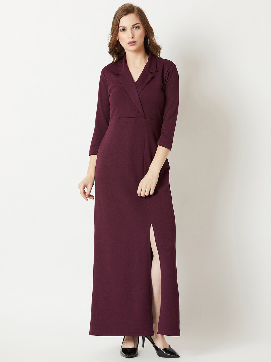 

DressBerry Maroon Lapel Collar Maxi Dress