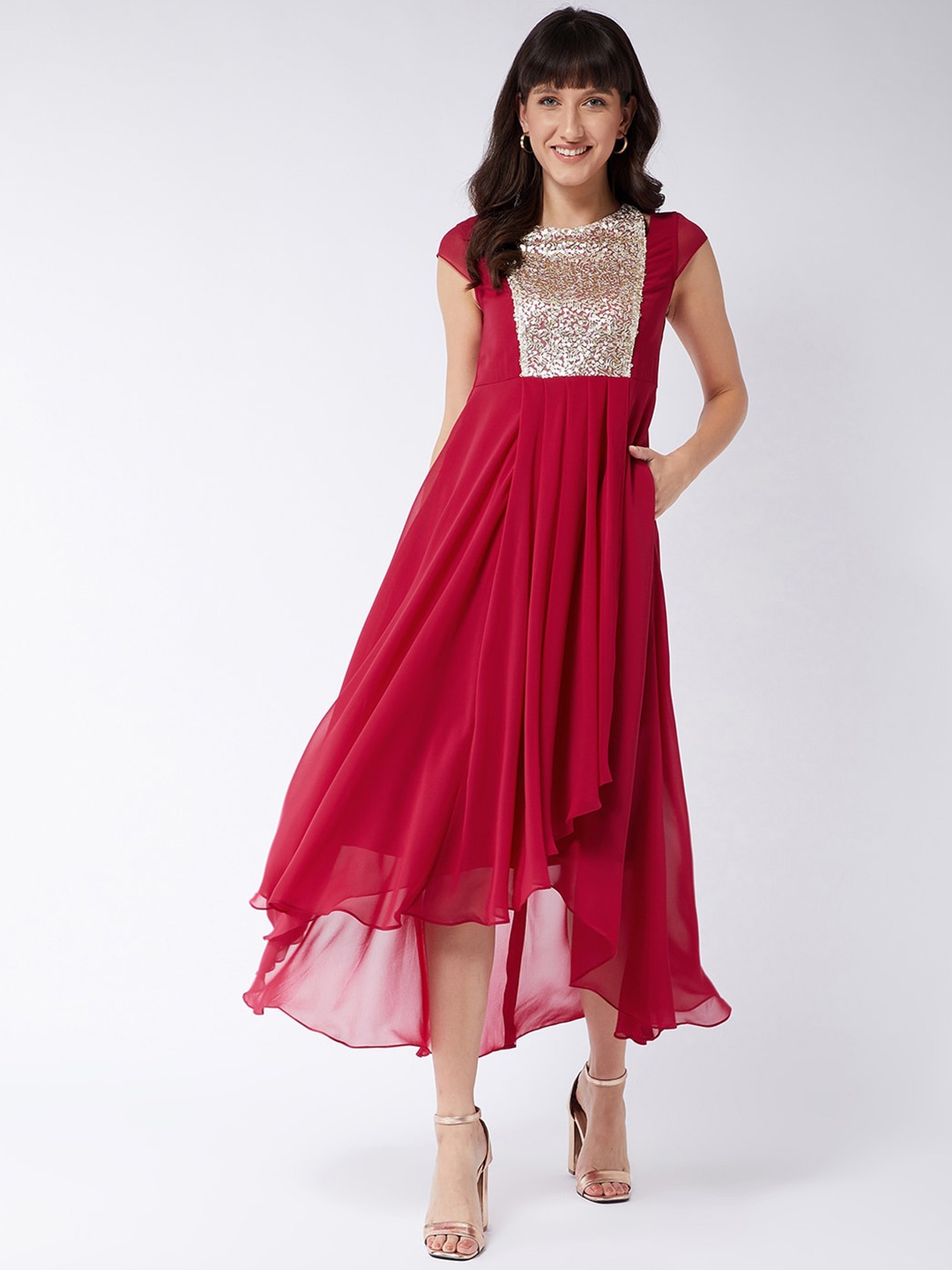 

DressBerry Pink Embellished Halter Neck Cap Sleeves High-Low Georgette Maxi Dress