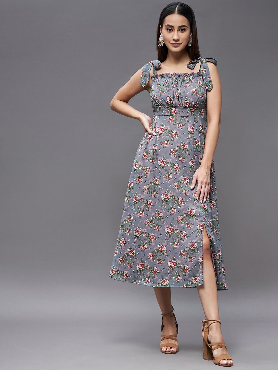 

DressBerry Grey Floral Printed Shoulder Straps Smocking Georgette A-Line Midi Dress