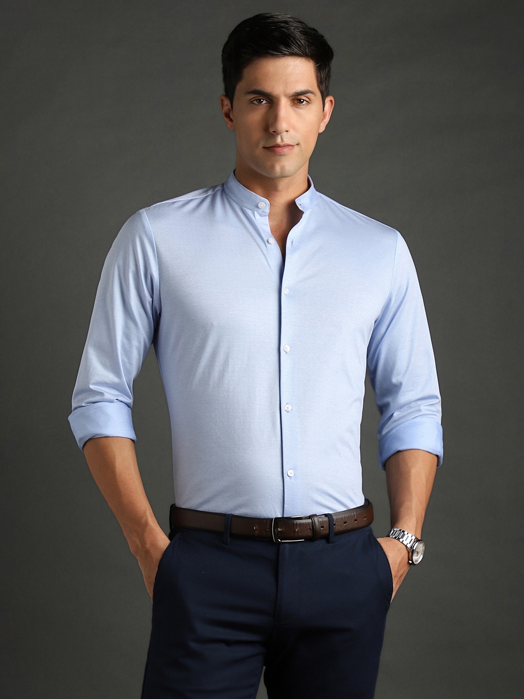 

Bergamo Slim Fit Mandarin Collar Pure Cotton Knitted Formal Shirt, Blue