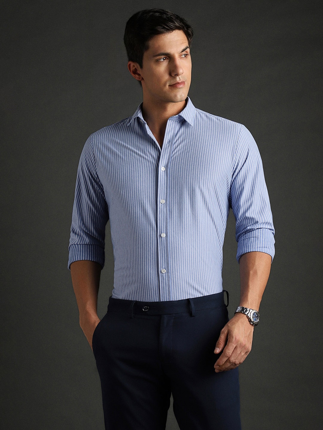 

Bergamo Slim Fit Striped Knitted Formal Shirt, Blue