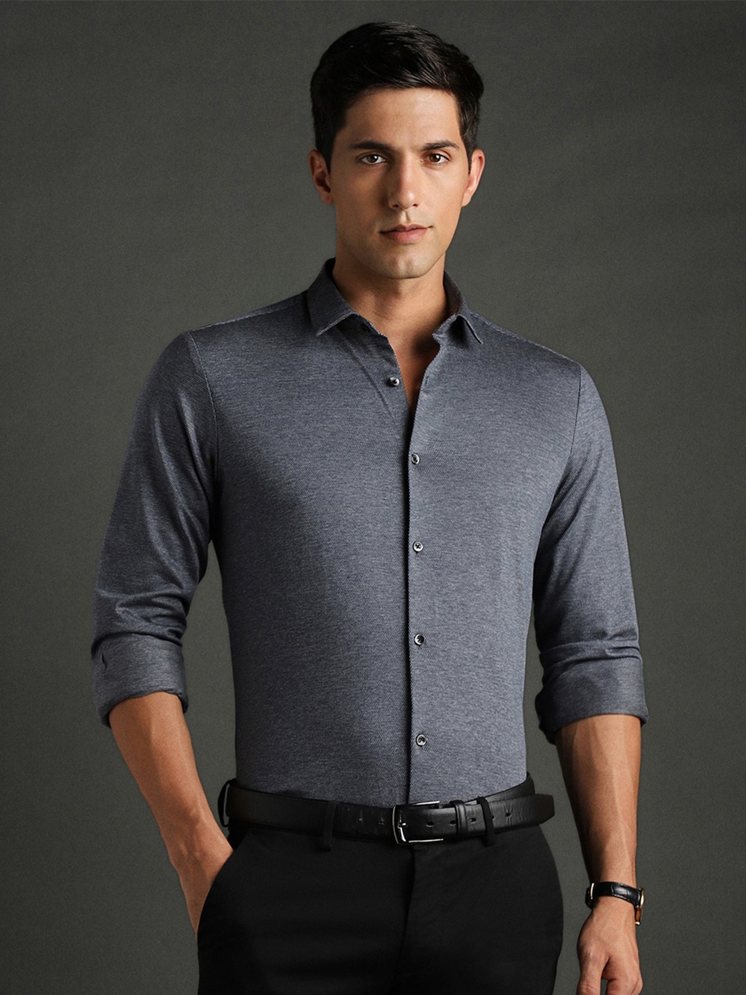 

Bergamo Slim Fit Textured Knitted Pure Cotton Formal Shirt, Grey