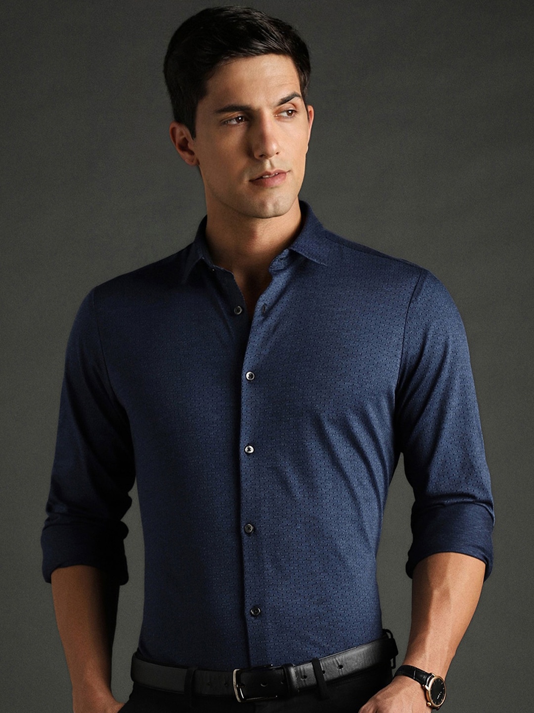 

Bergamo Slim Fit Textured Pure Cotton Knitted Formal Shirt, Blue
