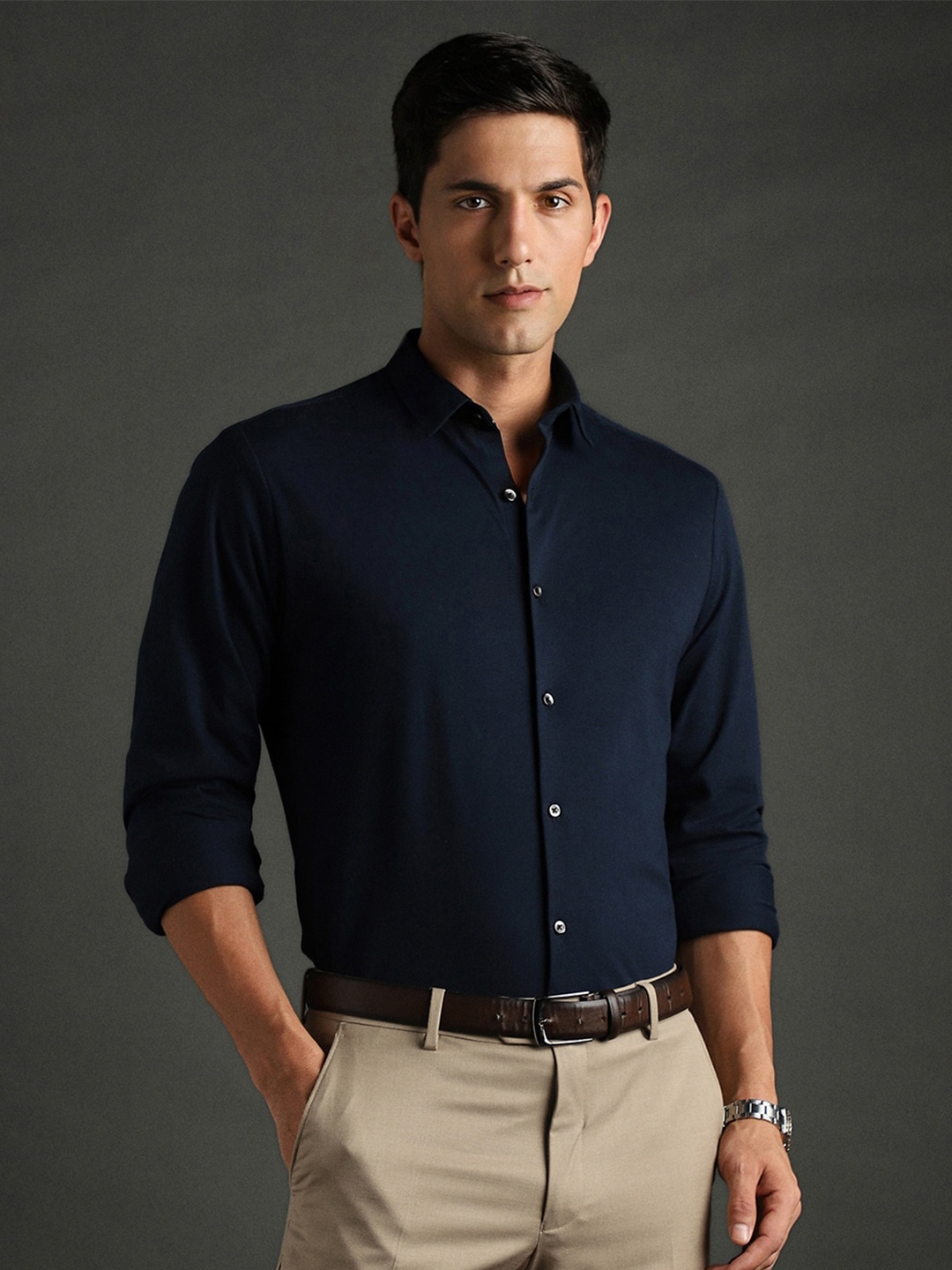 

Bergamo Slim Fit Spread Collar Pure Cotton Knitted Formal Shirt, Navy blue