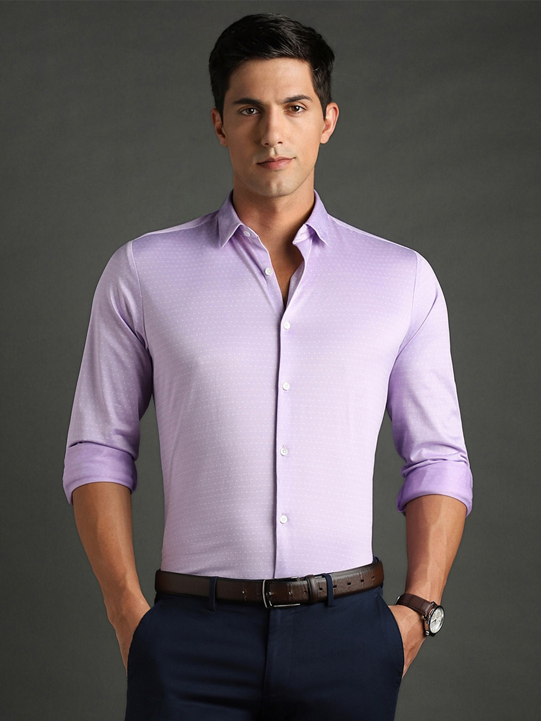 

Bergamo Slim Fit Textured Knitted Formal Shirt, Purple