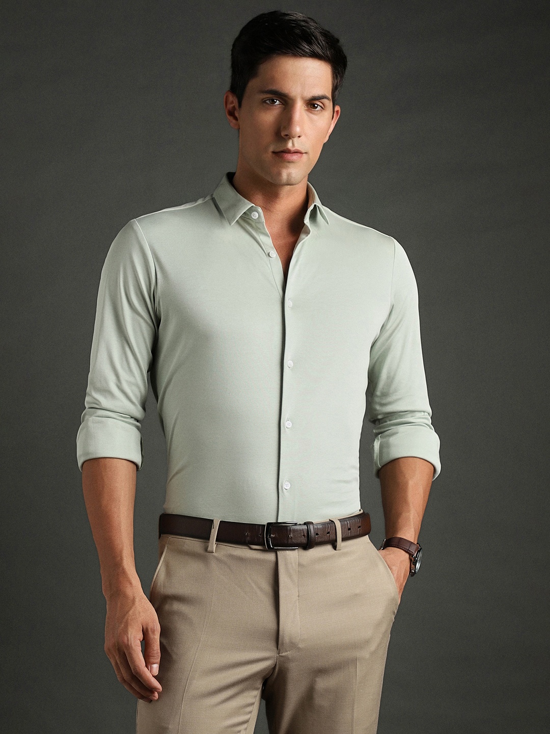 

Bergamo Slim Fit Pure Cotton Knitted Formal Shirt, Green