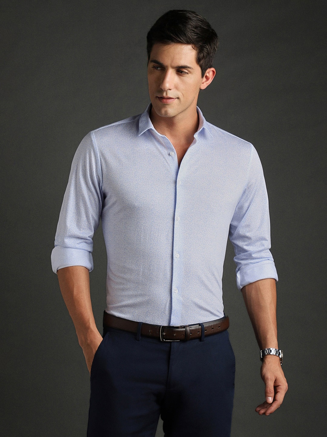 

Bergamo Slim Fit Spread Collar Pure Cotton Knitted Formal Shirt, Blue