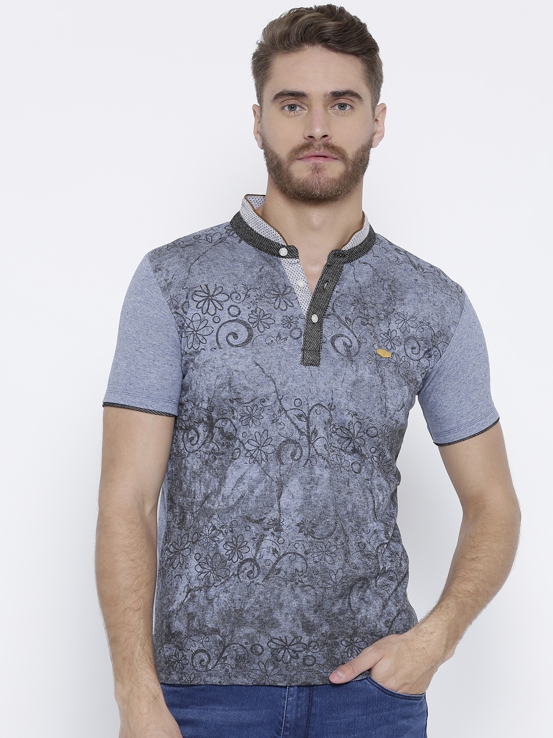 

Duke Men Blue Printed Mandarin Collar T-shirt