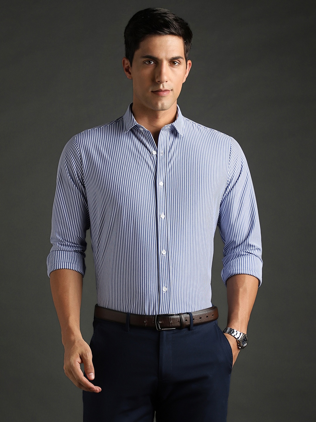 

Bergamo Slim Fit Vertical Stripes Knitted Formal Shirt, Blue