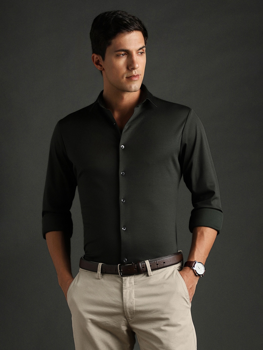 

Bergamo Slim Fit Textured Pure Cotton Knitted Formal Shirt, Green