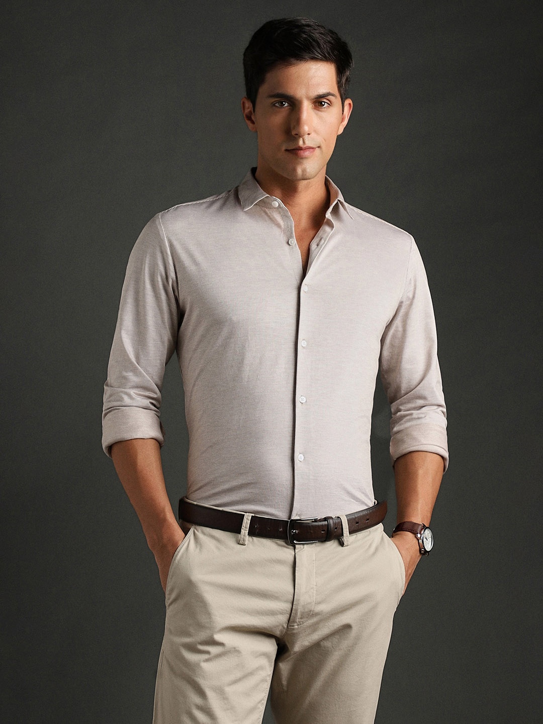 

Bergamo Slim Fit Vertical Stripes Knitted Pure Cotton Formal Shirt, Beige