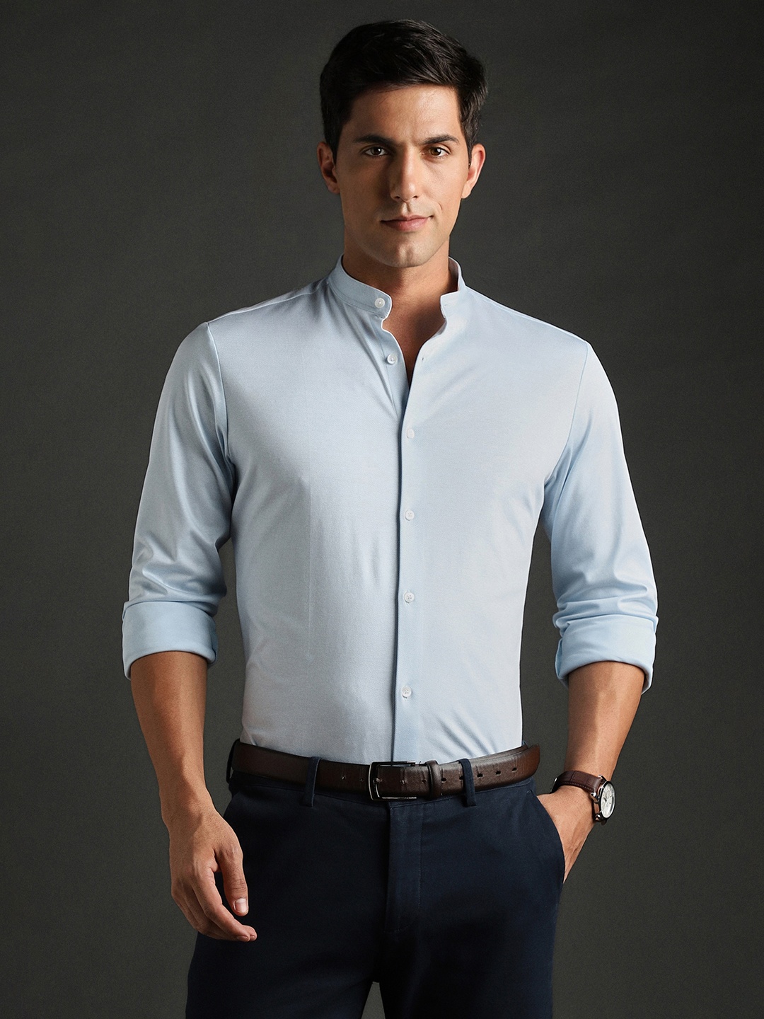 

Bergamo Slim Fit Band Collar Pure Cotton Knitted Formal Shirt, Blue
