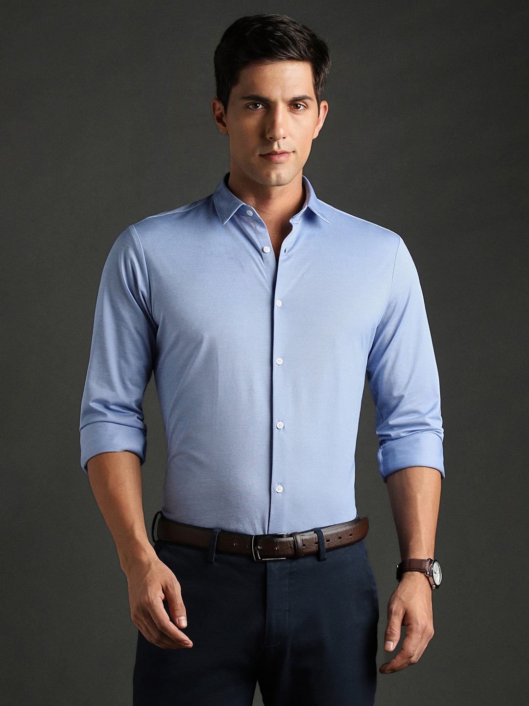 

Bergamo Slim Fit Self Design Knitted Formal Shirt, Blue