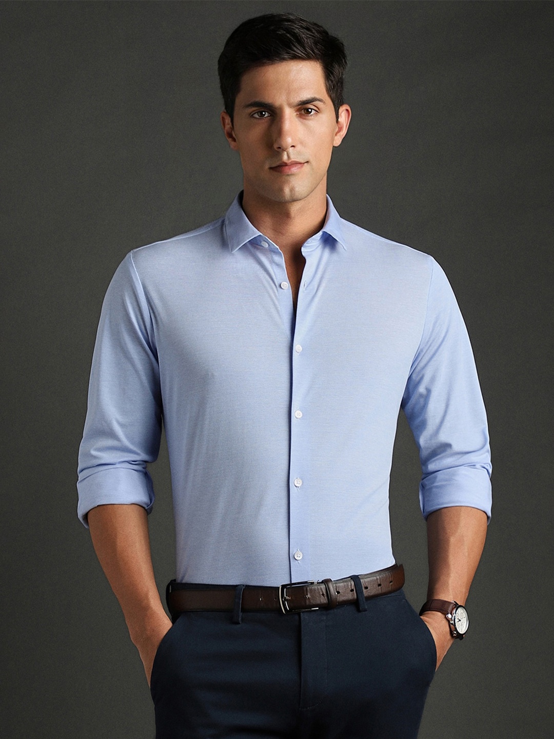 

Bergamo Slim Fit Self Design Knitted Formal Shirt, Blue