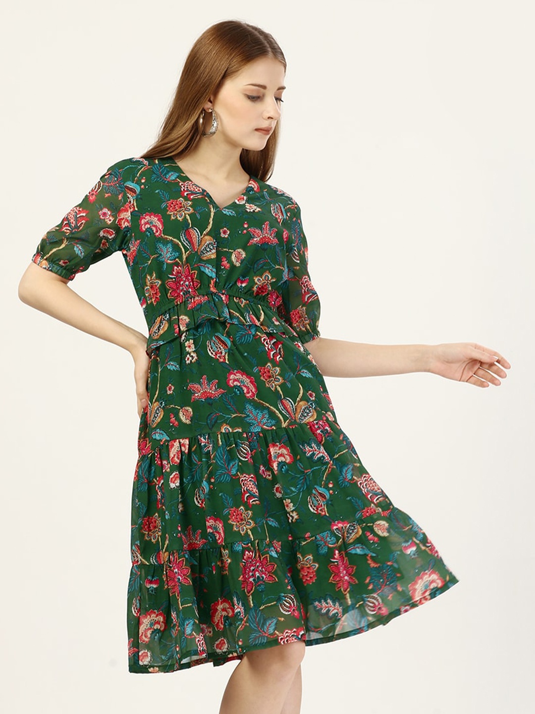 

OCTICS Floral Printed Puff Sleeves V-Neck Tiered Georgette Fit & Flare Dress, Green
